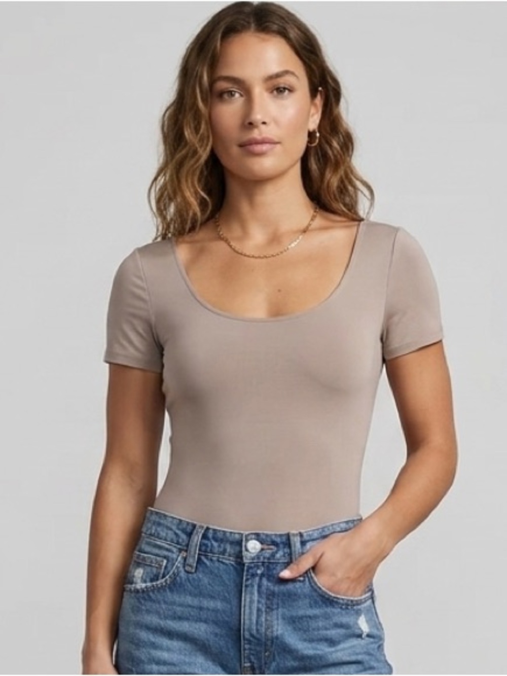 Express Body Contour Taupe Brown Bodysuit, Short Sleeve, Women’s Size Large